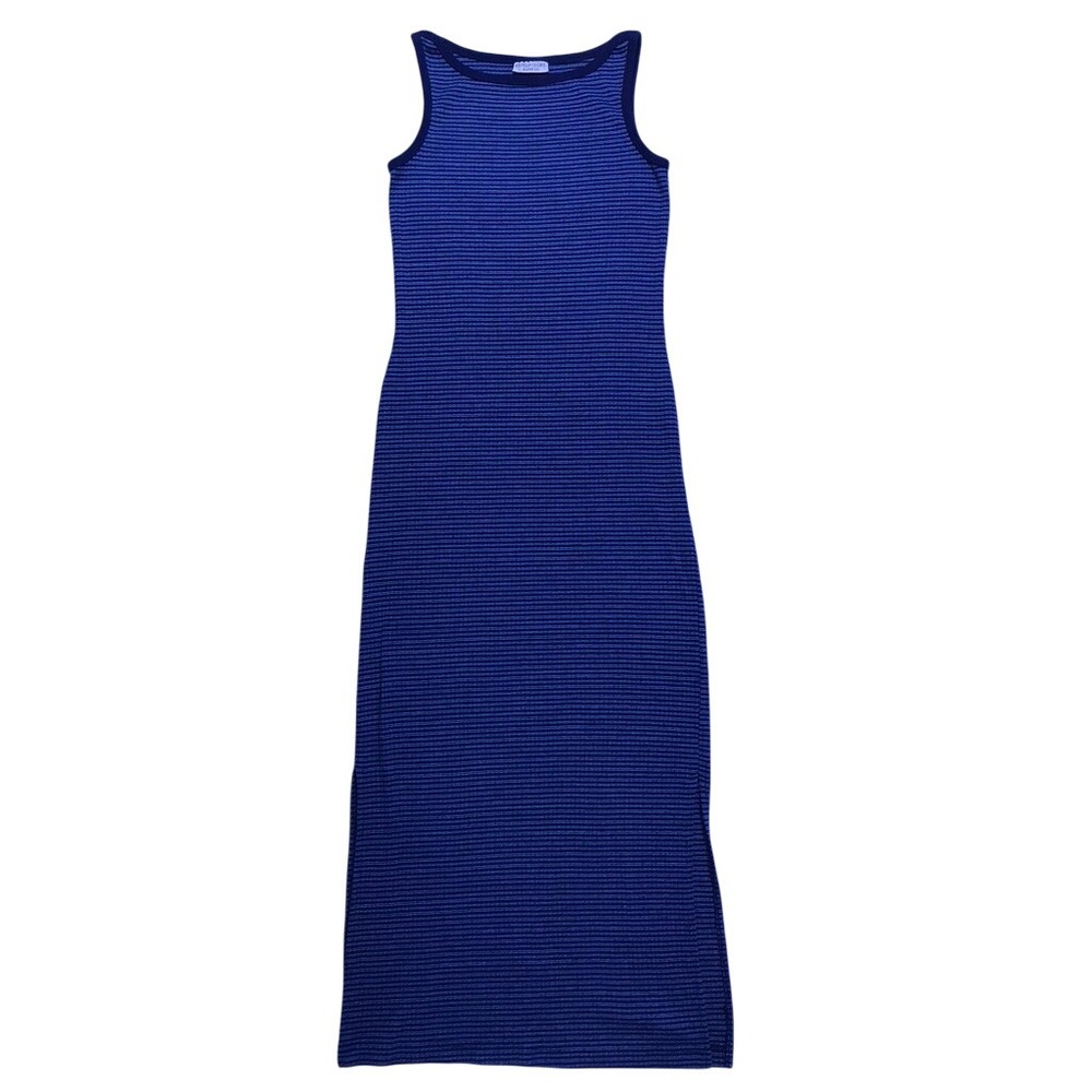 Vintage Faded Glory Maxi Dress Women L Blue Striped Sleeveless Ribbed Knit Y2K